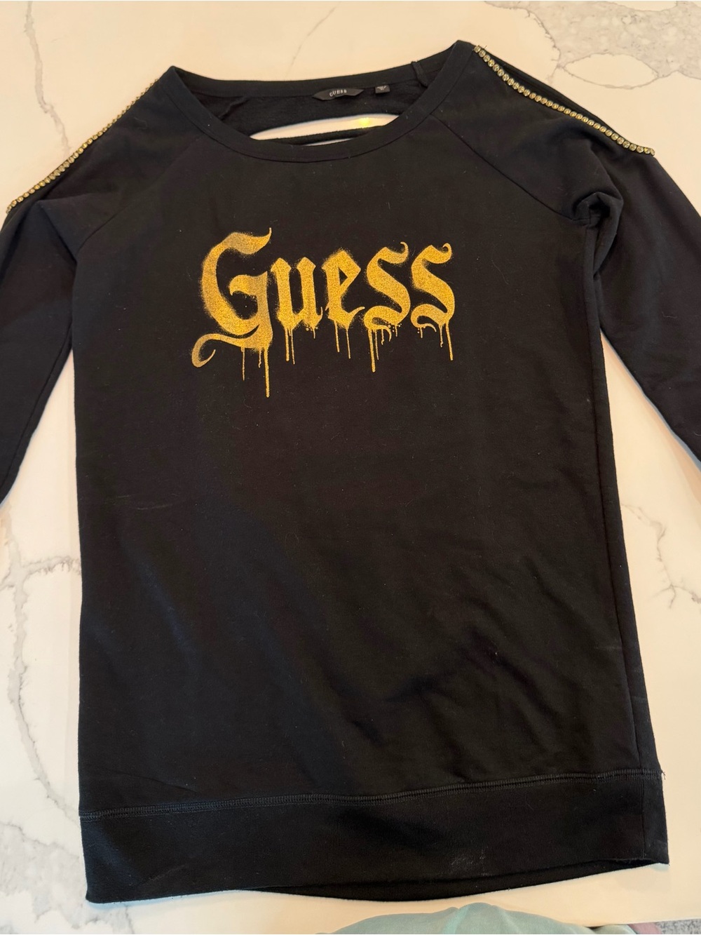 GUESS Black Sweatshirt with Gold Drip Logo and Studded Shoulders